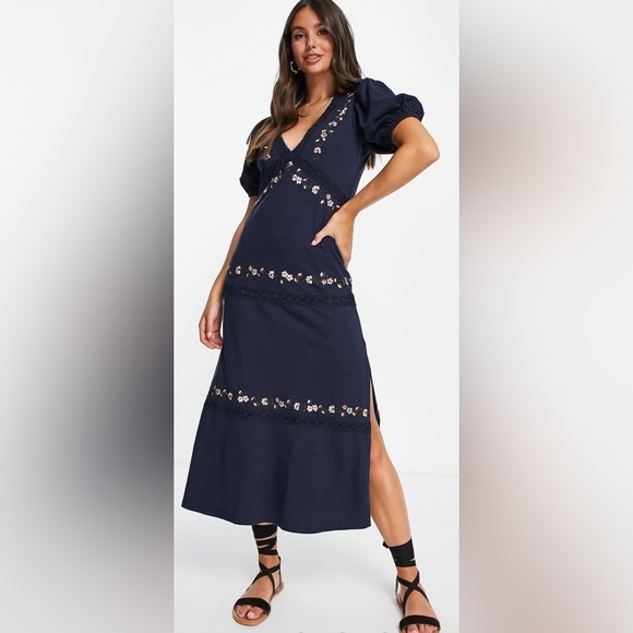 ASOS Dresses & Skirts - NWT ASOS Design Tall Lace insert Midi dress with Floral Embroidery in Navy